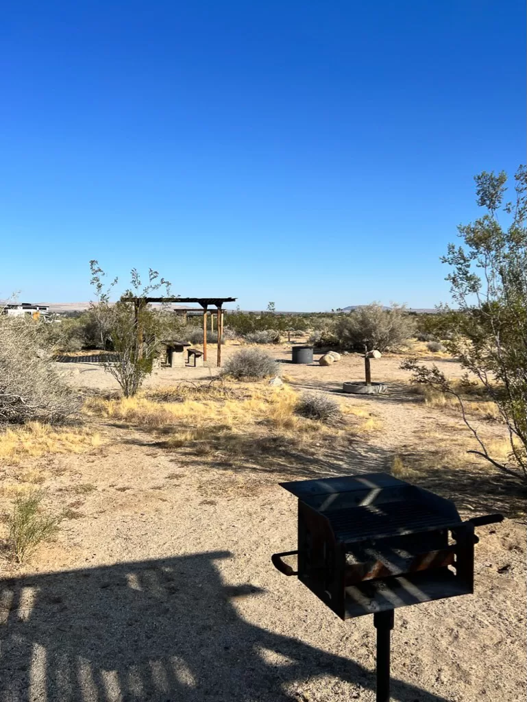 some of the amenities at Borrego Palm Canyon Campground, including a grill and picnic table. 