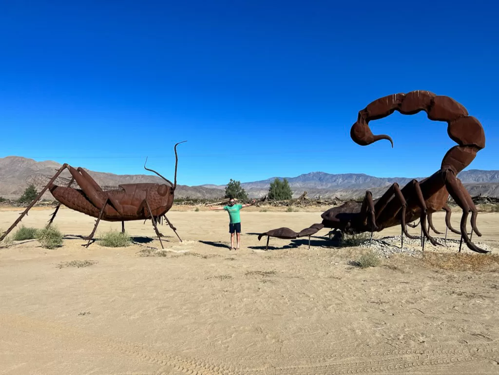 A man standing between metal sculptures of a grasshopper and a scorpion in Anza-Borrego Desert State Park. 