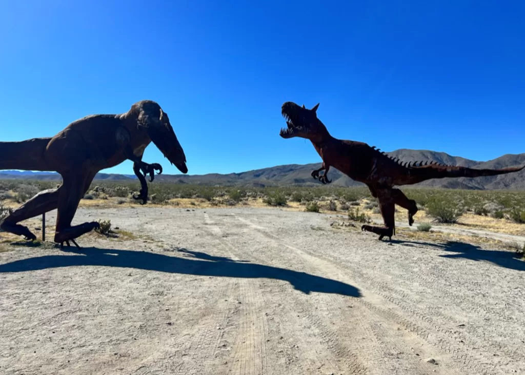 Two metal dinosaur structures in Anza-Borrego Desert State Park. 