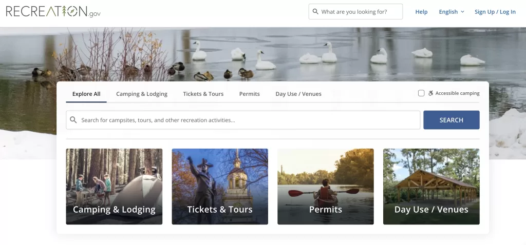 A screenshot of recreation.gov's homepage.
