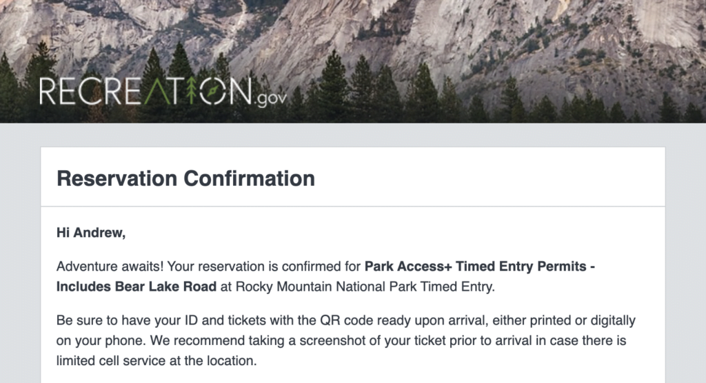 An email from recreation.gov about a reservation confirmation for Rocky Mountain National Park's timed entry. 