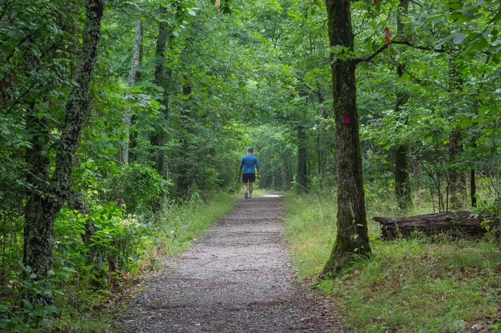 A hiker walking along the Goat Rock Trail while on their visit to Hot Springs National Park. 