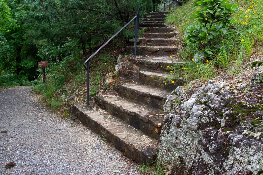 Stairs that lead you to a looking on the Goat Rock Trail at Hot Springs National Park. 