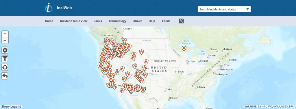 a screenshot of InciWeb's homepage showing active wildfires across the country. 