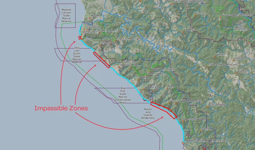 A Caltopo screenshot of the Lost Coast Trail, including the impassible zones. 