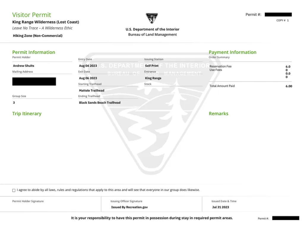 The permit required when hiking the Lost Coast Trail. 