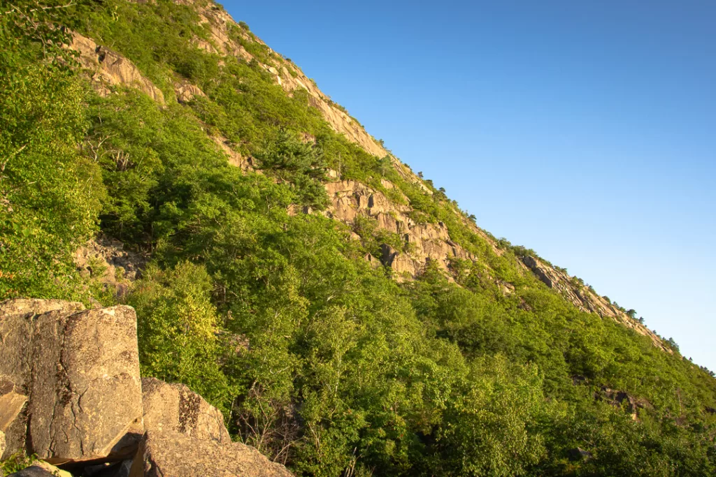 Champlain mountain seen from the Precipice Trail, one of the Acadia National Park hikes. 