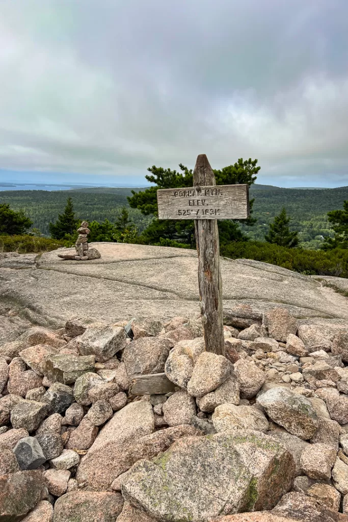 The Gorham Mountain summit sign in Acadia National Park.