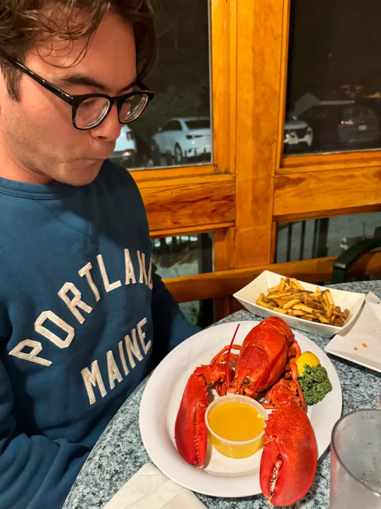 a hungry diner looking anxiously at a lobster meal.