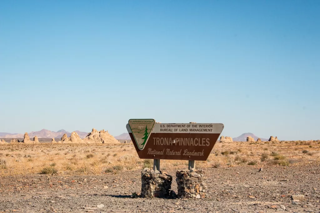 the Trona Pinnacles National Natural Landmark sign. 