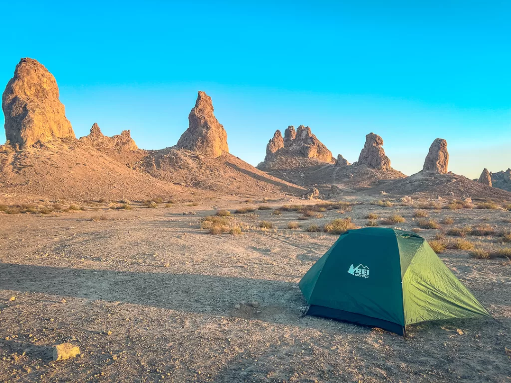 A tent set up by the Trona Pinnacles for someone camping in the desert.