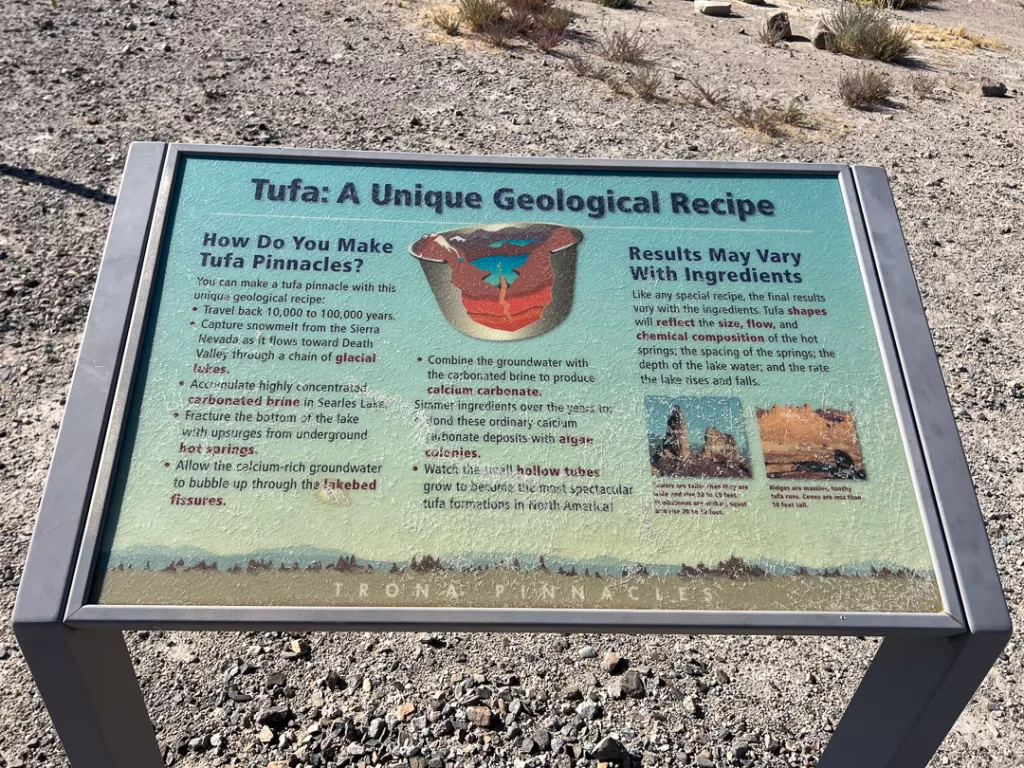 A placard explaining how the Trona Pinnacles formed. 