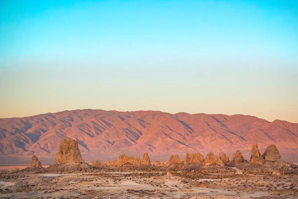 The Trona Pinnacles in California at golden hour.