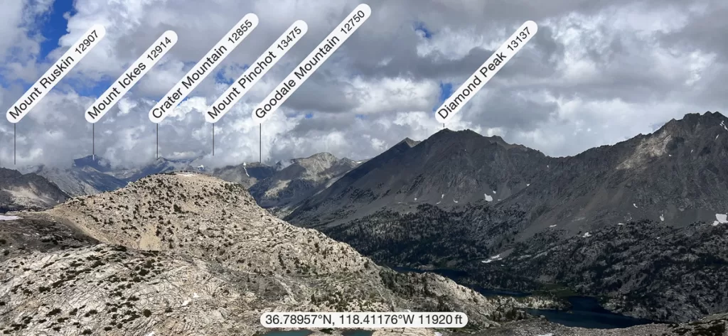 A screenshot of Sierra Nevada Mountains with PeakFinder labels superimposed. 