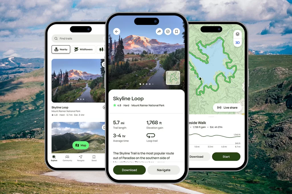 a screenshot of the AllTrails app, one of the best outdoor apps, with a mountain in the background.