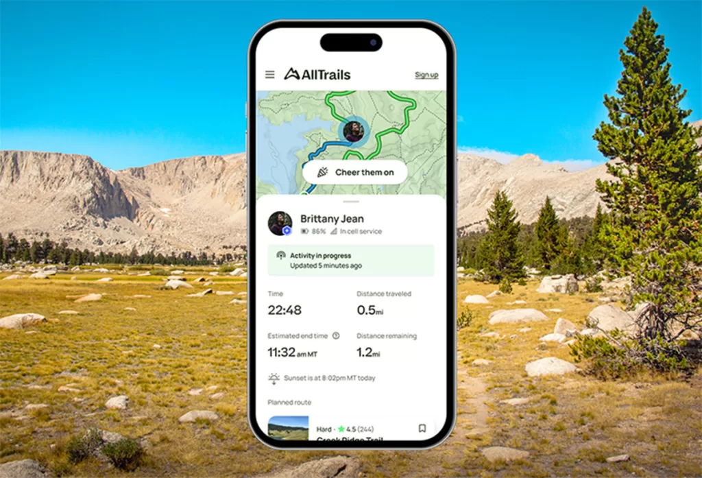 a screenshot of an AllTrails map with a mountain in the background.