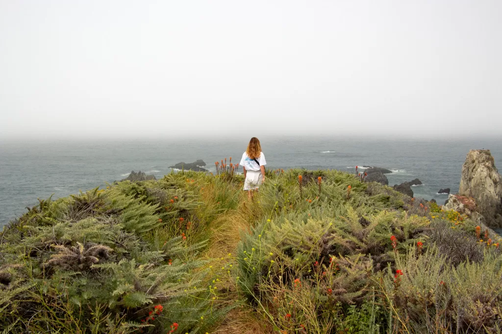 A hiker walking on a trail by the beach on an overcast day.