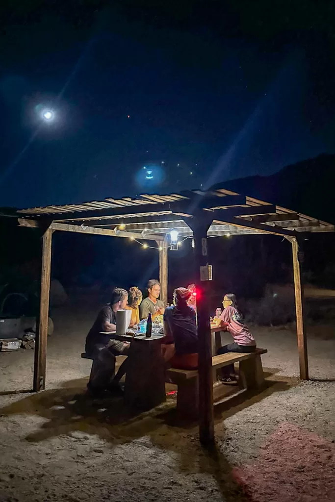 friends eating dinner at night under a pergola. 