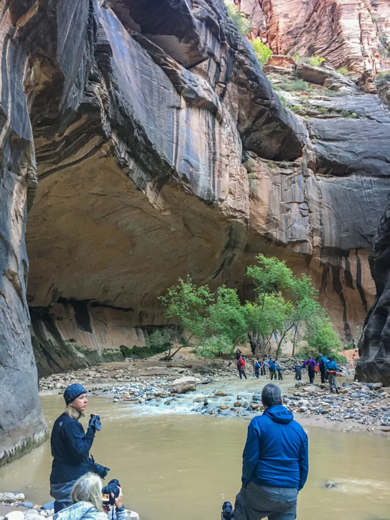 Hikers walking through a canyon in Zion National Park. 