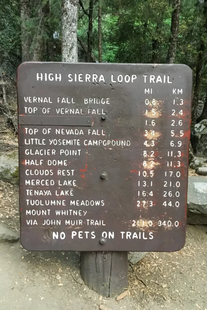 The sign at the happy isles trailhead where you start your hike to half dome. 