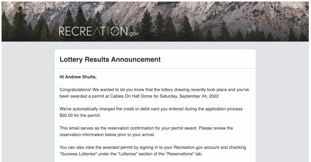 a screenshot of the permit you need to hike Half Dome.